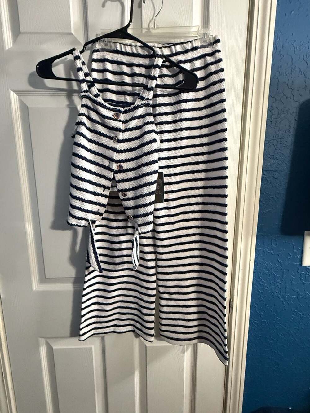 Vince Camuto Blue and White Striped Knit Tank Top and Matching Pants 2-Piece Set